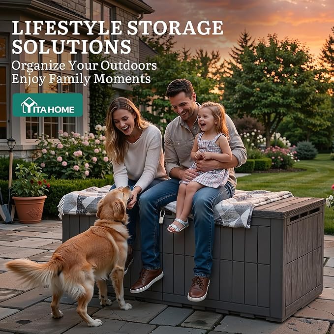 YITAHOME XXL 240 Gallon Extra Large Deck Box, Waterproof Resin Outdoor Storage Box with Lock and 3-Person Bench Seating for Patio Furniture Cushions,Garden Tools & Pool Accessories, Dark Brown