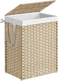 SONGMICS Laundry Hamper with Lid, 23.8 Gallon (90L) Synthetic Rattan Clothes Laundry Basket with Lid and Handles, Foldable, Removable Liner, Summer Sand ULCB051LZ01