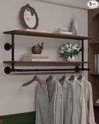 Clothes Rack 36in, 2 Tier Wall Mounted Garment Rack with Real Wood Shelf, Heavy Duty Hanging Clothes Rack, Multi-Purpose Hanging Rod, Space-Saving Closet Storage