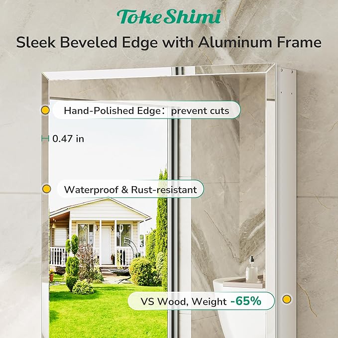 TokeShimi 36 x 24 Medicine Cabinet for Bathroom with Mirror, Assembly Required, Wall Mounted Medicine Cabinet with Tempered Beveled Mirror, Stepless Adjustable Shelves, DTC Hinge