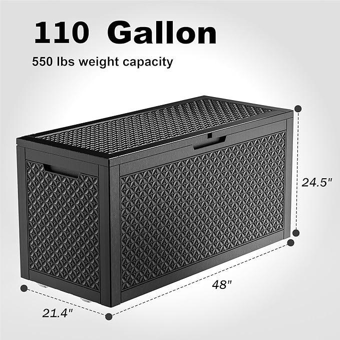 110 Gallon Outdoor Storage Box,Large Waterproof Resin Deck Box,Lockable Storage Container with Reinforced Support for Patio Cushions,Garden Tools,UV-Resistant(Black,110Gallon)