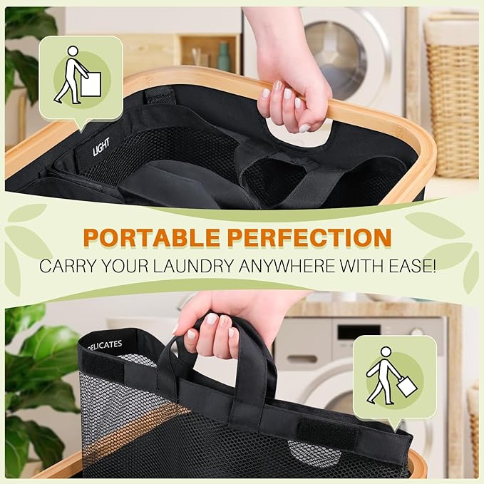 Laundry Hamper 3 Section, 145L Dirty Clothes Hamper with Lid, Extra Large Laundry Basket Organizer with Removable Inner Bags & Labels for Laundry Room, Bedroom, Black