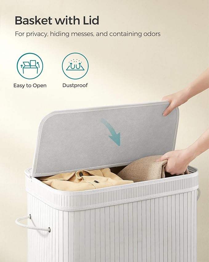SONGMICS Laundry Hamper with Lid, Bamboo Laundry Basket, Removable Machine Washable Laundry Basket, with Handles, 26.4-Gallons, for Laundry Room, Bedroom, Bathroom, Cloud White ULCB063W01