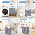 BlissTotes 3-Pack Laundry Basket, Freestanding＆Waterproof Laundry Hamper, Collapsible Tall Clothes Hamper with Easy Carry Handles for Clothes, Towels in the Family and Dorm,Clover Grey,100L