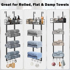 HarJue Over The Door Towel Racks, No Drill Towel Storage with Basket & Hooks, Space-Saving Multi-Functional Towel Holder for Bathrooms, bedrooms, Apartments, RVs (Matte Black)