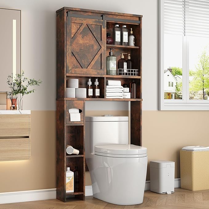 Over the Toilet Storage Cabinet with Farmhouse Sliding Barn Door, Above Toilet Organizer with Toilet Paper Holder Stand, Behind Toilet Shelf, Space Saver for Restroom, Bathroom, Laundry, Brown