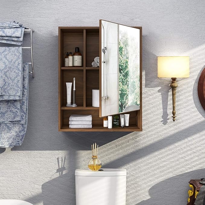 ChooChoo Bathroom Wall Mirror Cabinet, Medicine Cabinet with Single Door and Adjustable Shelf, Over The Toilet Space Saver Storage Cabinet, Walnut