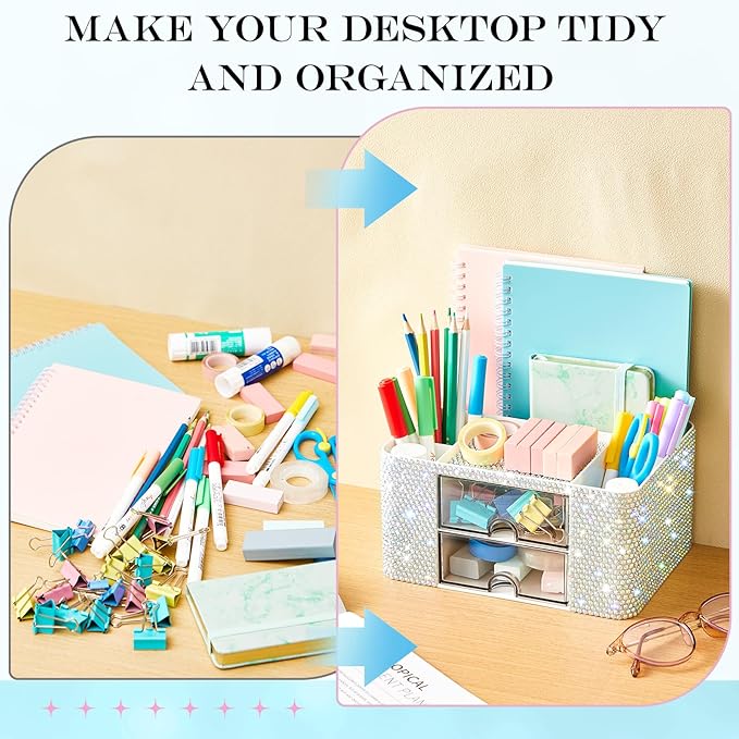Silver Bling Desk Organizer with 2 Drawer, Sparkly Makeup Organizer for Vanity, Girly Desk Accessories, Rhinestone Pen Holder, Elevate Your Workspace with Silver Serenity (Diamond)