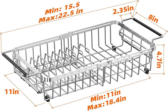 Expandable Dish Drying Rack in Sink,Stainless Steel Over The Sink Dish Drainer Drying Rack for Kitchen Counter,with Utensil Holder,Silver