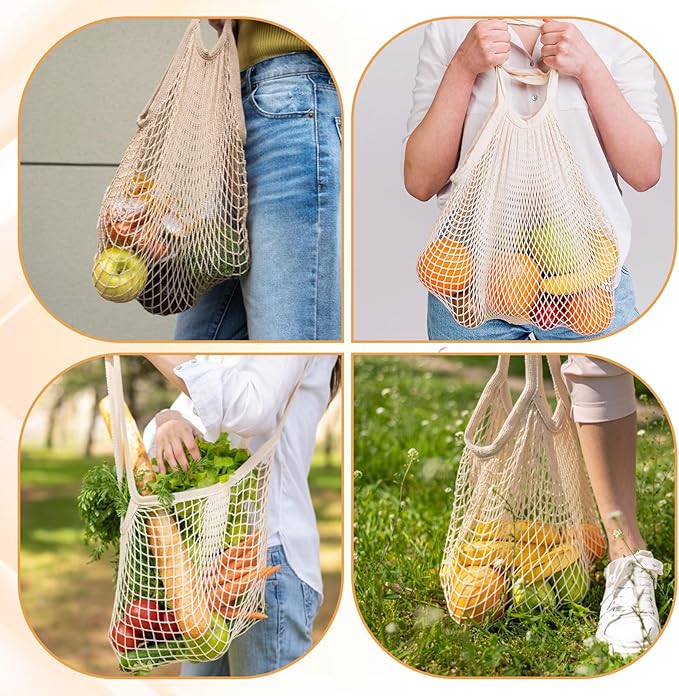 2 PCS Cotton Mesh Grocery Bags, Reusable Mesh Produce Net Bags, Long Handle String Shopping Tote Bag for Fruit Veggie Food Storage