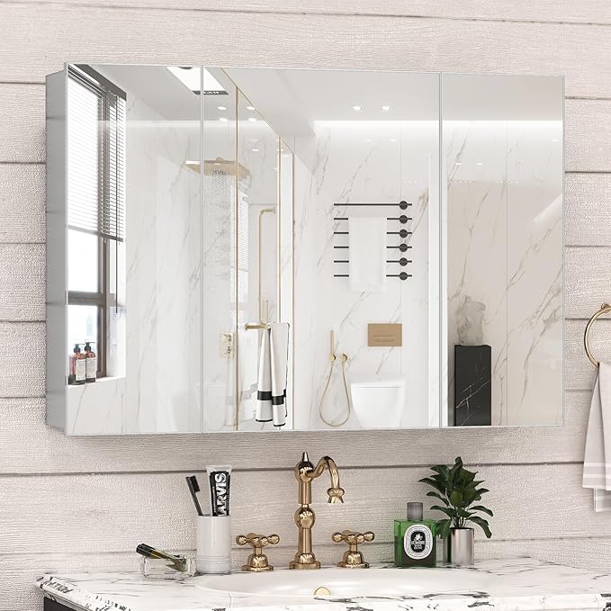 40 x 28 Farmhouse Medicine Cabinet, Tempered Frameless Bathroom Mirror with Storage, Silver Recessed or Surface Mount Aluminum Medicine Cabinet for Bathroom Modern-Large