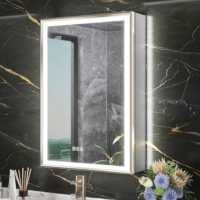 24x32 Lighted Medicine Cabinet with Mirror, Beveled Brushed Nickel Framed Surface or Recessed Fogless Dimmable LED Medicine Cabinet with Outlet, Time Display and Sensor Inner Light
