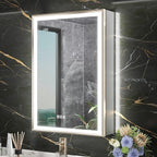 24x32 Lighted Medicine Cabinet with Mirror, Beveled Brushed Nickel Framed Surface or Recessed Fogless Dimmable LED Medicine Cabinet with Outlet, Time Display and Sensor Inner Light