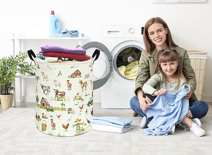 Farm Pattern 19.7 Inch Round Laundry Clothes Hamper Laundry Basket with Handles,Storage Organizer Bins Laundry Gift Basket for Room, Bedroom Decor