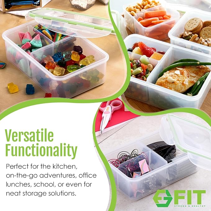 FIT Strong & Healthy Bento Lunch Box & Meal Prep Containers, Food & Snack Storage for Adults & Kids, Microwave, Freezer, & Dishwasher Safe, Reusable, Airtight Lid, Removable Compartments, 39oz, 4 Pack