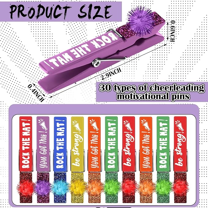 Kigeli 30 Pcs Spirit Clips Cheer Pins Cheerleader Gifts Clothes Pins for Backpacks Competition Glittered for Team Cheer Gifts Stuff Supplies Party Favors Accessories Bulk(Multicolor,Color Balls)