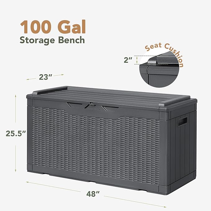 Flamaker Deck Box with Cushion 98 Gallon Waterproof Resin Storage Box with Air Rod Indoor Outdoor Lockable Storage Bench for Patio Furniture, Tools, Pool Accessories (Gray)