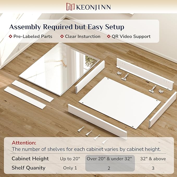 Keonjinn 20 x 26 Inch Small Medicine Cabinet, Assembly Required, White Bathroom Mirror with Storage, Lightweight, Freely Adjustable Shelves, Tempered Glass, Soft Closing, Recessed or Wall Mount