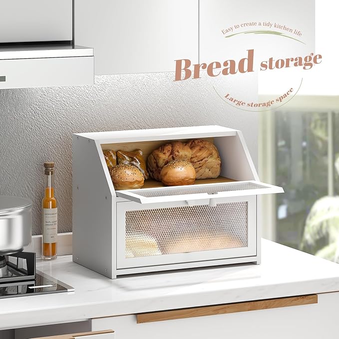 Bread Box for Kitchen Countertop Bin Double Layer Bread Box Storage Container Extra Large Capacity Farmhouse with Diamond Pattern Windows (White, Large)