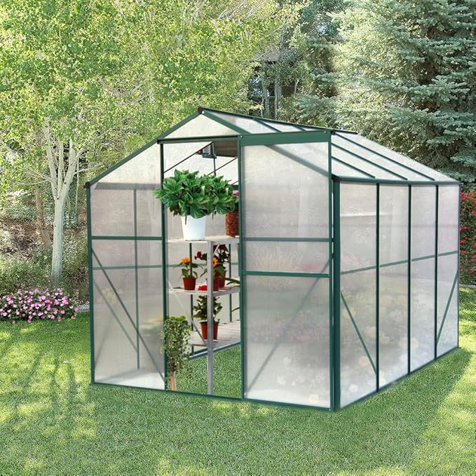 Heavy-Duty Polycarbonate Greenhouse with Double Flush Door, Rain Gutter & Adjustable Ventilation Window for Garden, Backyard or Sunroom Use (6x8 FT-1)