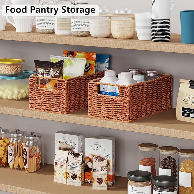 Vagusicc Wicker Storage Basket, Set of 2 Hand-Woven Paper Rope Wicker Basket, Small Storage Baskets for Organizing Toilet Paper, Foldable Small Cube Organizer Bins for Shelves (Orange)