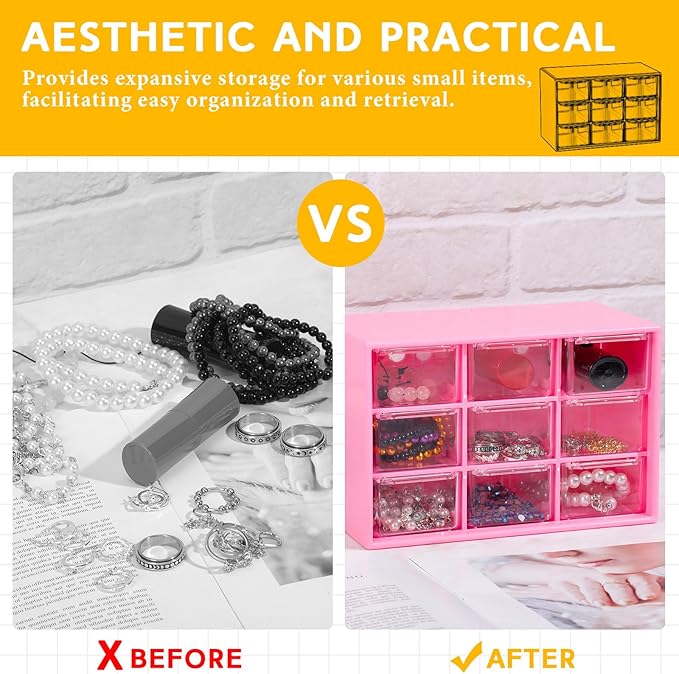 Wenqik 2 Pcs Mini Storage Drawers Teacher Toolbox Organizer with 9 Clear Drawers Small Plastic Desktop Teacher Desk Craft Organizer for Classroom Office 7" x 3. 9" x 4. 7"(Rose Red)