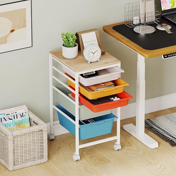 GOFLAME 5-Drawer Rolling Storage Cart, Craft Storage Cart with Wooden Tabletop and Lockable Wheels, Art Cart Supply Storage Organizer with Metal Frame for Home Office Classroom, Macaron Color