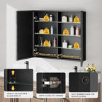 40x30 Pre-Assembled Black Medicine Cabinet with Mirror, Surface or Recessed Medicine Cabinet Mirror for Bathroom, Aluminum Beveled Frame Bathroom Vanity Mirror with Adjustable Shelves Storage