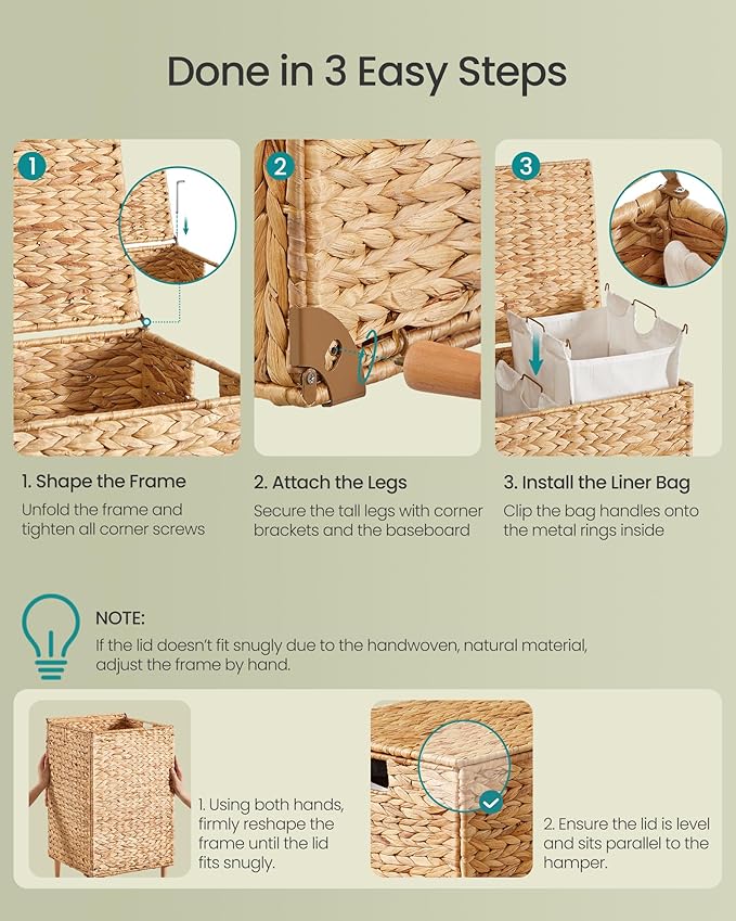 SONGMICS Laundry Hamper, 25 Gal. (95 L) Handwoven Water Hyacinth Wicker Laundry Basket with Lid, Natural Material, Removable Machine Washable Liner, Handles, Natural ULCB201Y01