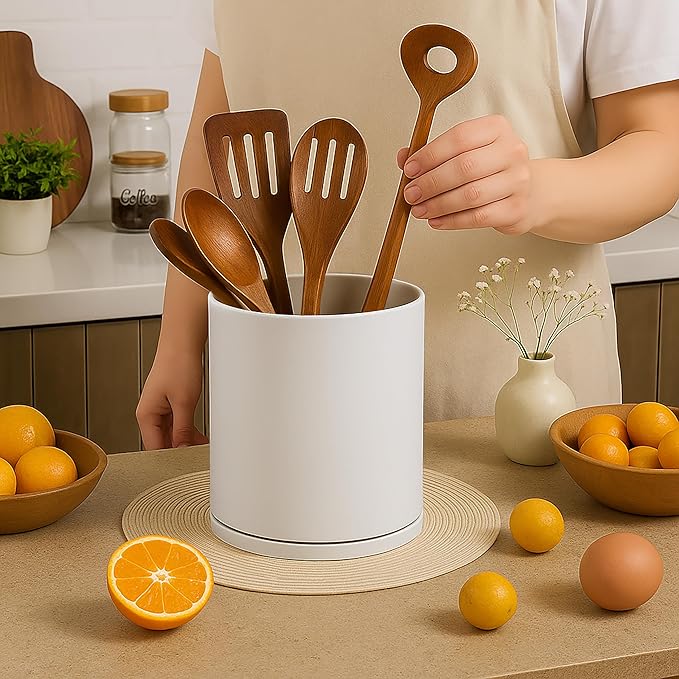 D'vine Dev 360° Rotating Utensil Holder – 7.2" Kitchen Utensil Crock for Countertop, Modern Cooking Tool Organizer for Kitchen Storage & Décor, Oatmeal, 72-X-D-2