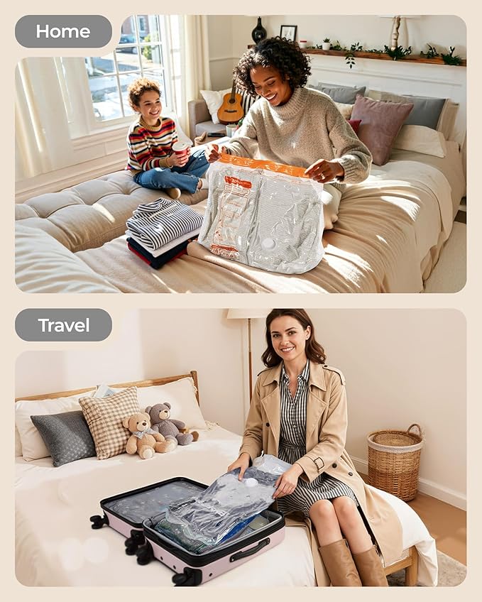 BAGSMART Vacuum Storage Bags for Travel with Rechargeable Air Pump, Portable Space Saver Bags for Travel & Home, Vacuum Compression Seal Bag for Clothing, Blanket, 12 Pack Pink