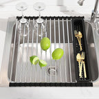 JASIWAY Dish Drying Rack, Roll Up Dryer Rack for Inside Sink, Expandable (12.8"-23.8" D x 15.5" W) 304 Stainless Steel Dish Drainers for Kitchen Counter, Over Sink Cover with Utensil Holder