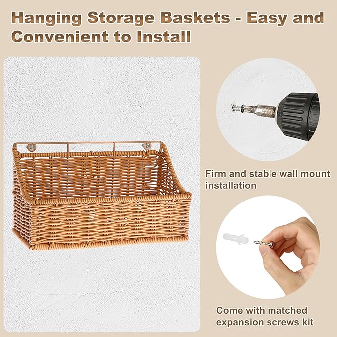 OwnMy 2PCS Plastic Wicker Hanging Basket Wall Mount Storage Baskets for Kitchen Organizing Fruit, Onion, Potato, Vegetable, Hanging Fruit Baskets for Kitchen Counter/Pantry/Cabinet