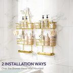 SWTYMIKI Bathroom Shower Caddy Hanging - 3 Tier Rustproof Over Shower Head Organizer, No Drilling Bathroom Shelf with 16 Hooks & Soap Holder, Anti-Swing Rack for Shampoo,Sponge,Towel, Gold
