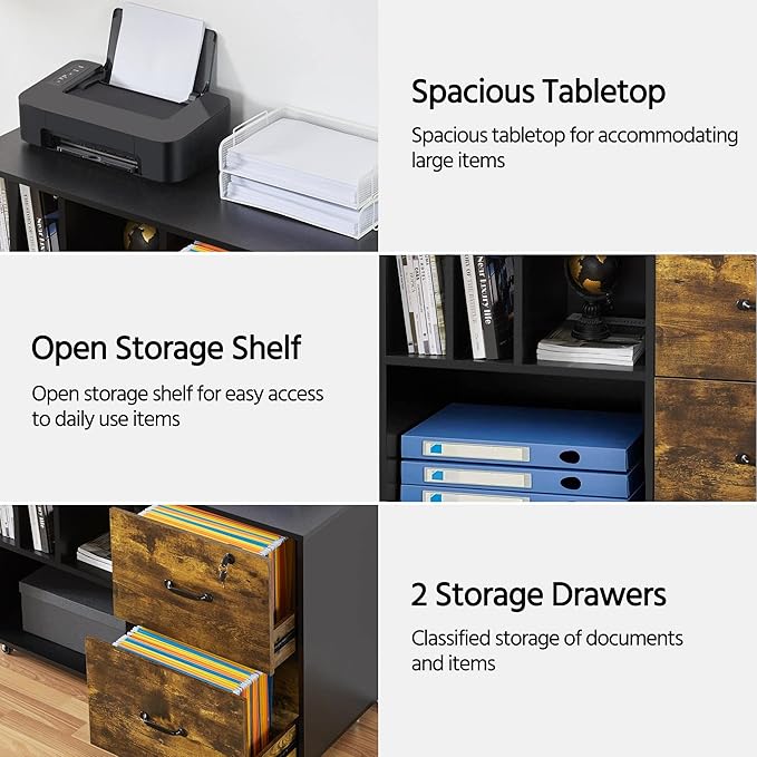 Yaheetech File Cabinets Large Rolling Filing Cabinet Printer Stand on Wheels for Home Office,with 4 Open Storage Shelves,Letter Size A4 Size,Black/Rustic Brown