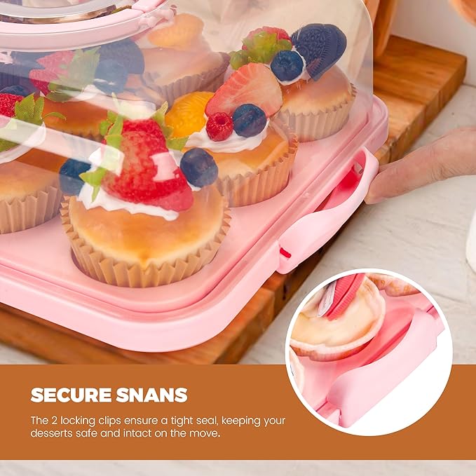 Cupcake Containers with Lid Rectangular Cake Carrier 3-in-1 Multipurpose Cupcake Holder for Muffins Pies Sweets Pastries Fruit or Snacks(Pink, 13" x 9" x 4")
