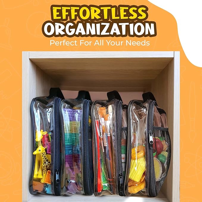 SAM AND MABEL PVC Zippered Blocks Set - 4 Packs 12" x 10" x 3" Board Game Storage Organizer Case with Internal Side Pocket for Craft, Hobby Art, School and Office Supplies (Black)