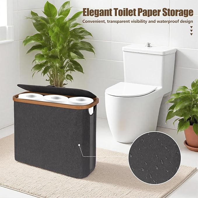 Toilet Paper Storage with Lid and Handle, 12 Roll Toilet Paper Basket Bathroom Standing Organizer, Folding Storage Bag with Foot Base, Slim Holder Container for Rolling Tissue, Towel- Grey