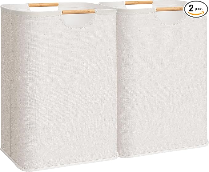 STORAGE MANIAC 2-Pack Large Laundry Hamper, 80L (21.1 Gal) Collapsible Laundry Basket with Bamboo Handles, Freestanding Waterproof Clothes Hamper for Laundry Room, Bedroom, Dorm, Towels, Toys, Beige