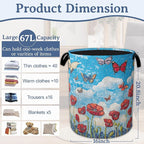 Vintage Poppy Flowers Laundry Basket,Foldable Waterproof Oxford Cloth Tote Bag Butterfly Laundry Hamper with Handles,20.8"x16" Clothes Storage Bucket Organizer for Laundry Room, Bathroom, Bedroom