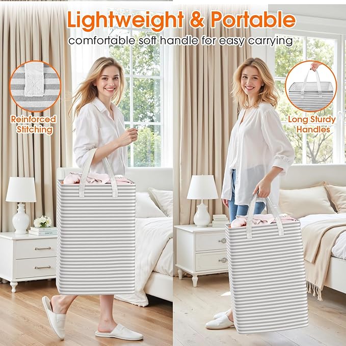 3 Pack Large Laundry Basket,Waterproof & Freestanding Laundry Hamper,Collapsible Clothes Hampers with Easy Carry Long & Reinforced Handles in Bathroom,College Dorm(88Lx3,Gray)
