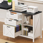 3 Drawer File Cabinet, Farmhouse Lateral Filing Cabinet Fits Files Letter or A4 Size, Wooden Printer Stand with Open Storage Adjustable Shelf for Home Office, White and Black