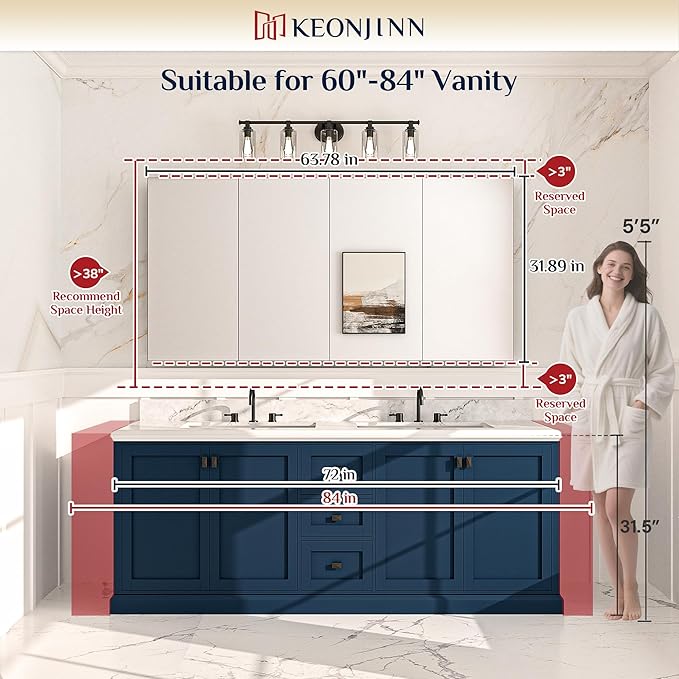 Keonjinn 64 x 32 Inch Medicine Cabinet, Assembly Required, White Bathroom Medicine Cabinets Mirror, Lightweight, Adjustable Shelves, Surface Mount or Recessed, Tempered Glass