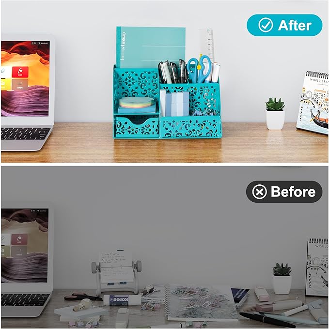 EasyPAG Desk Organizer and Pen Holder for Desk, Mesh Office Supplies Storage Caddy with Drawer for Small Space, Desktop Organizer for Home Office, Dark Teal