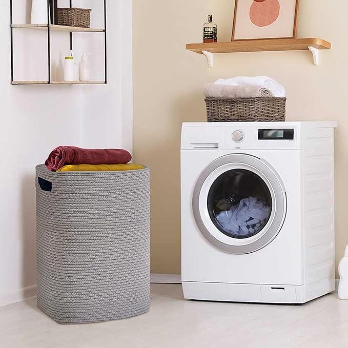 Large Laundry Hamper 16"x13"x22" - Tall Woven Laundry Basket, Cotton Rope Dirty Clothes Hamper, Baby Kids Nursery Wicker Laundry Basket, Bedroom Aesthetic, Soft Laundry Bin, Gray Hamper, 75L