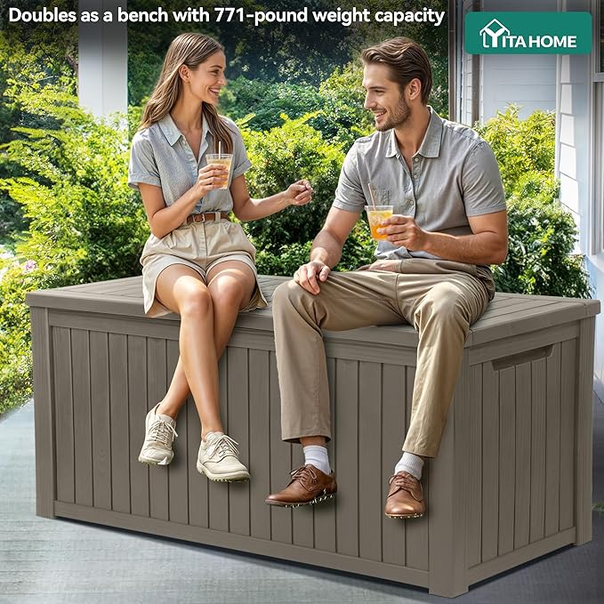 YITAHOME 180 Gallon XL Outdoor Storage Deck Box with Divider, Waterproof & Lockable, Ideal for Patio Furniture and Garden Tools, Resin-Built, Wood-Like Texture, Brown