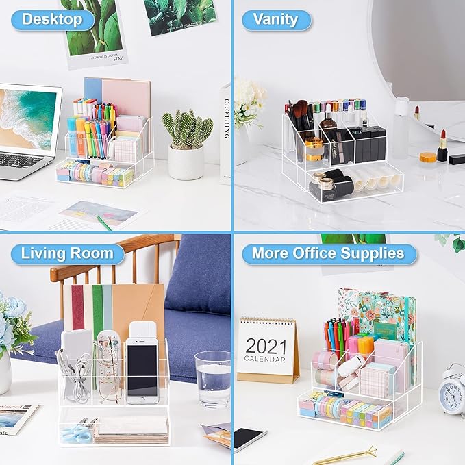 VITVITI Acrylic Desk Organizer, Upgraded Clear Pencil Organizer for Desk, 7 Compartments Stationary Pen Organizer Storage with Drawer, for Office Supply, 500+ Pencils Capacity