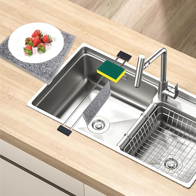 Dishcloth Drying Rack Sink with 2 Rags, Dish Towel Rack Stretchable Wash Dish Cloth Holder for Kitchen Stainless Dish Rag Holder for Sink Accessories for Drying