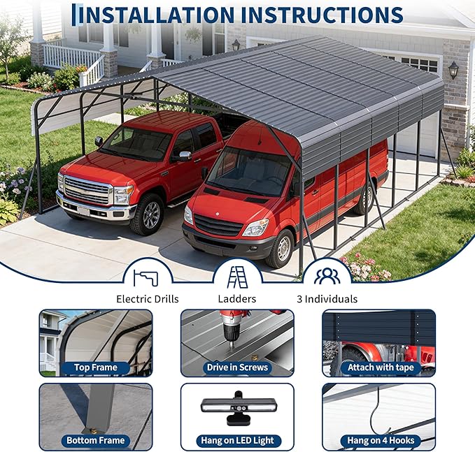 20x25FT Metal Carport w/Led Light,Outdoor Portable Car Garage for Multiple Vehicles,Reinforced Base & Galvanized Steel Roof, Outdoor Car Port Canopy Shelter for Boats, Full-Sized Pickup Trucks