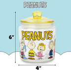 Silver Buffalo Peanuts Squad Featuring Charlie Brown, Snoopy, Schroeder, Lucy, Linus, Sally, Pigpen, Woodstock, and Franklin Glass Cookie Snack Candy Jar with Lid (Small)